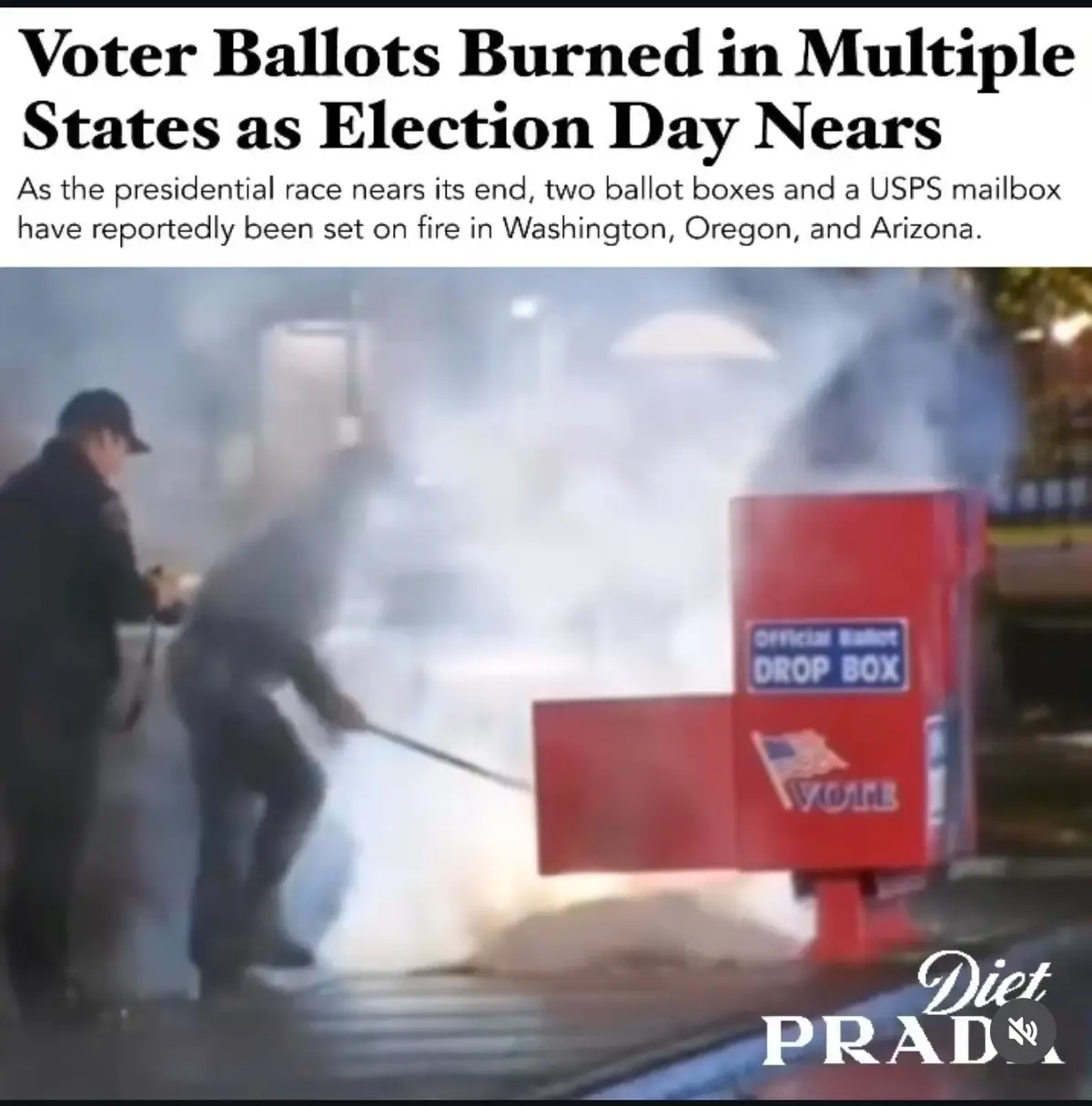 An image shows two people using fire extinguishers to put out a fire at a red 'Official Ballot Drop Box' with an American…