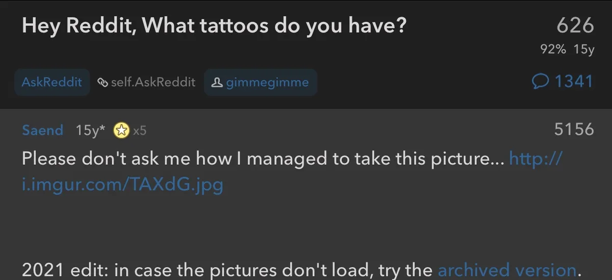 A screenshot of a Reddit post from the 'AskReddit' subreddit asking 'Hey Reddit, What tattoos do you have?' A user named…