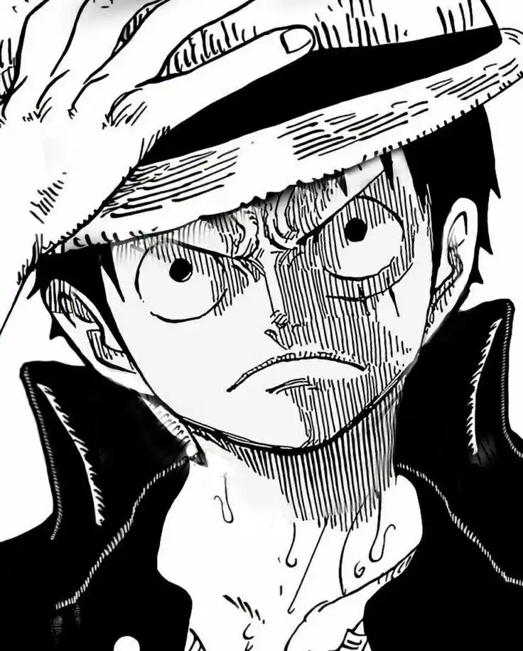 A black-and-white manga panel shows a young man with a straw hat, wide eyes, and a grimace, with sweat dripping down his…