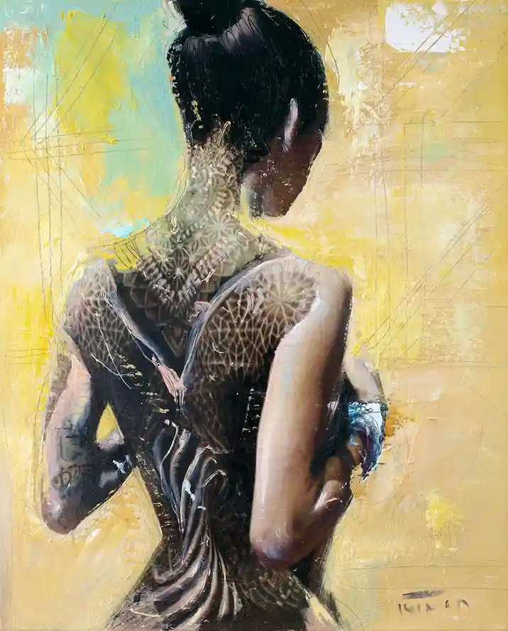 A painting of a woman viewed from behind, her back and shoulders covered in intricate, web-like tattoos. The background is…