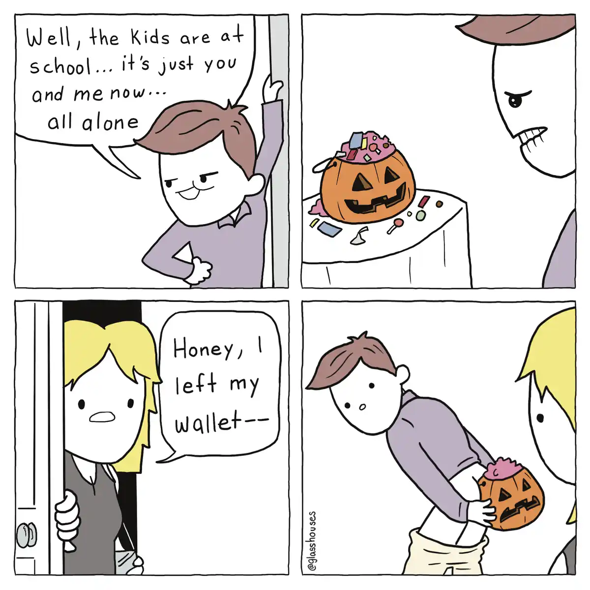A four-panel comic strip shows a man smugly declaring he and his partner are alone now that the kids are at school. He then…
