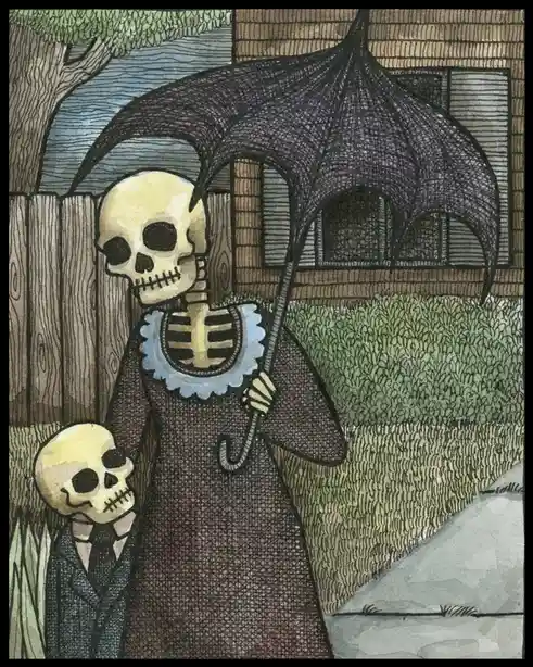 A skeletal woman in a dark dress and lace collar holds a large, ornate black umbrella while standing outdoors near a wooden…