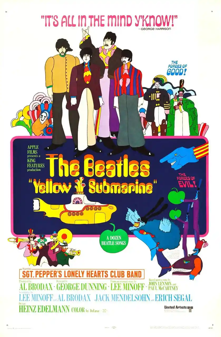 This is the original 1968 movie poster for 'Yellow Submarine,' featuring stylized illustrations of The Beatles and various…