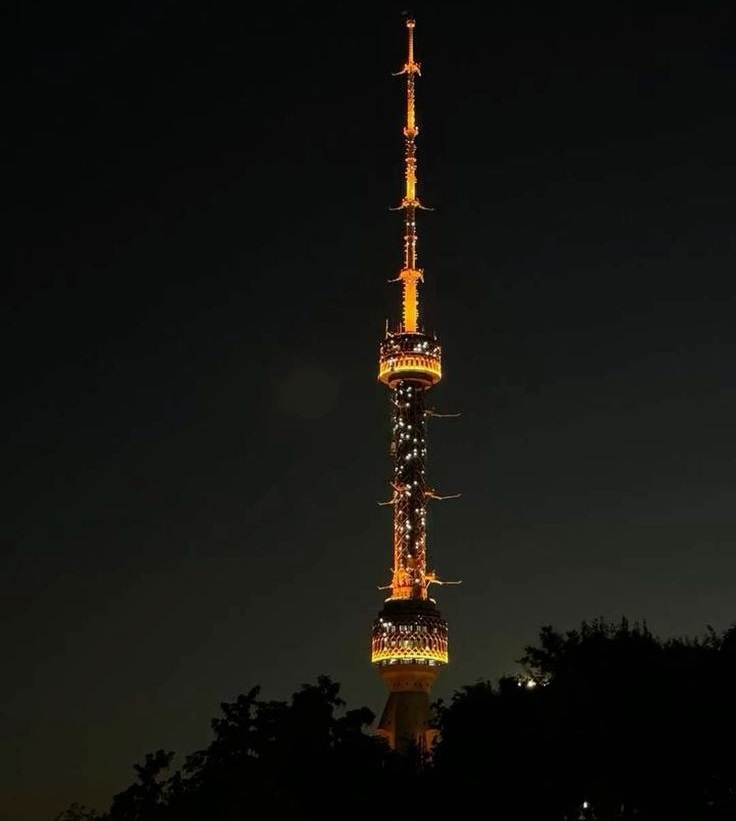 A tall, slender tower illuminated with warm yellow lights against a dark night sky, with silhouetted trees at the bottom…