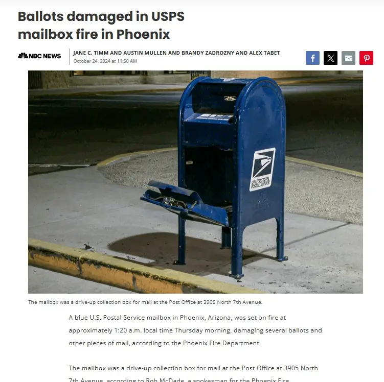 A news article screenshot shows a damaged blue USPS mailbox with its bottom half melted and charred from a fire, with the…