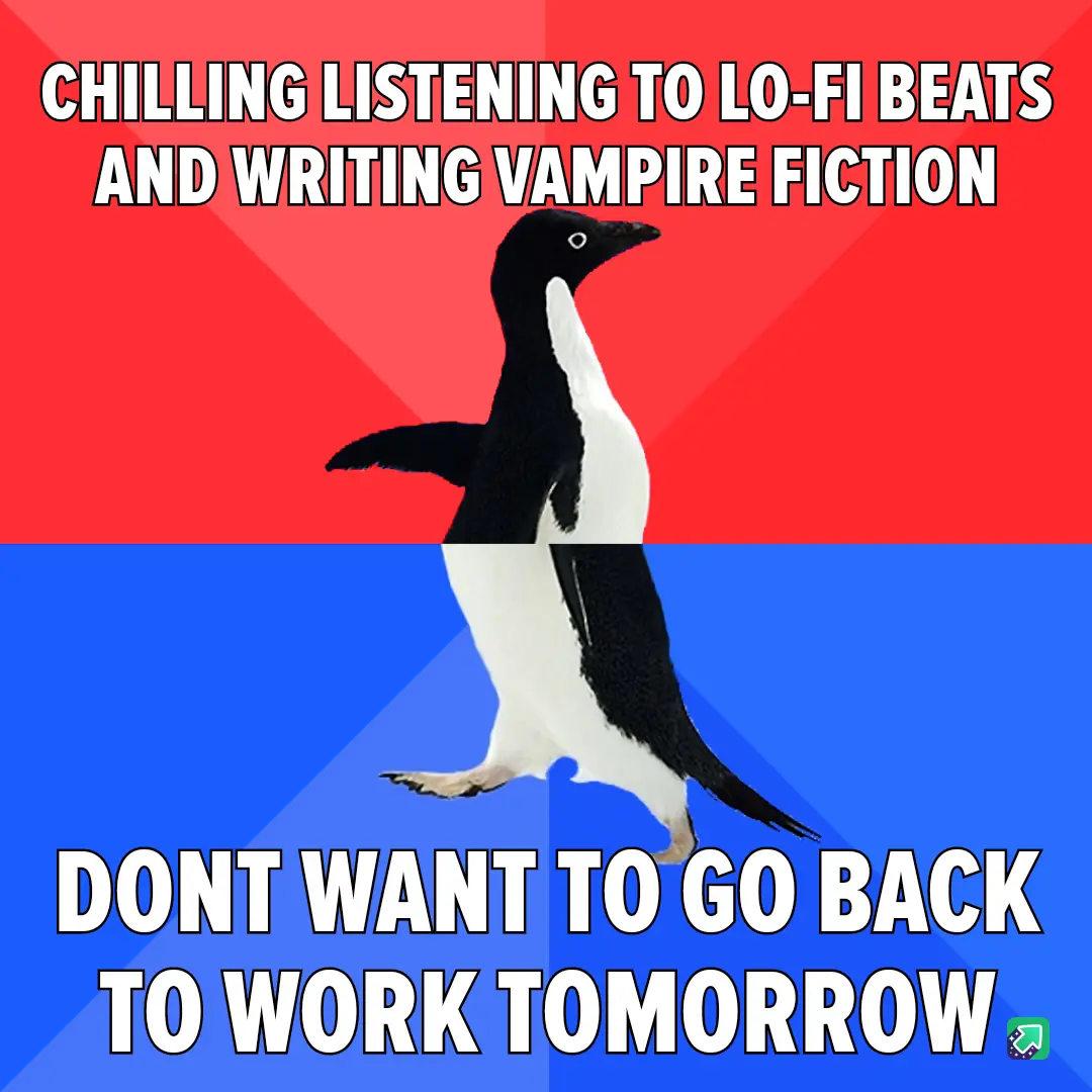 A penguin stands centered against a red and blue background, with white bold text above reading 'CHILLING LISTENING TO LO-FI…