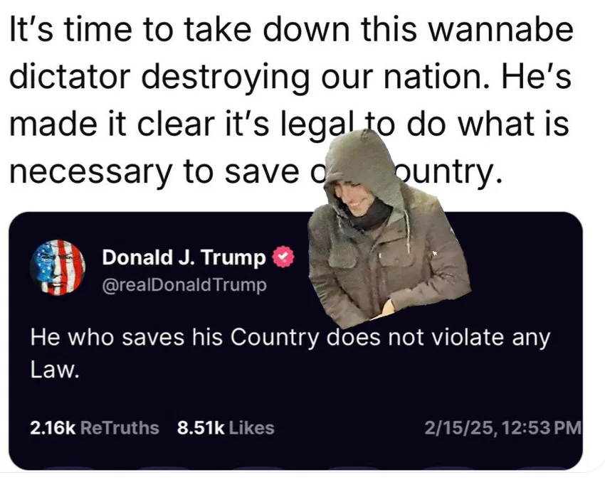 A screenshot of a Twitter post by Donald J. Trump, which reads 'He who saves his Country does not violate any Law.' The post…