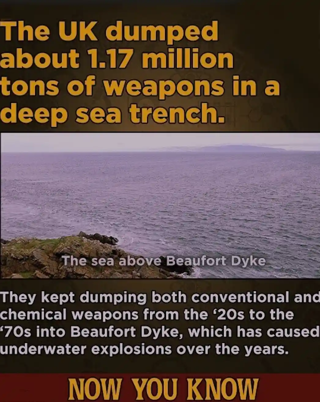The image shows a calm ocean view from a rocky cliff edge, with text overlays stating that the UK dumped 1.17 million tons…