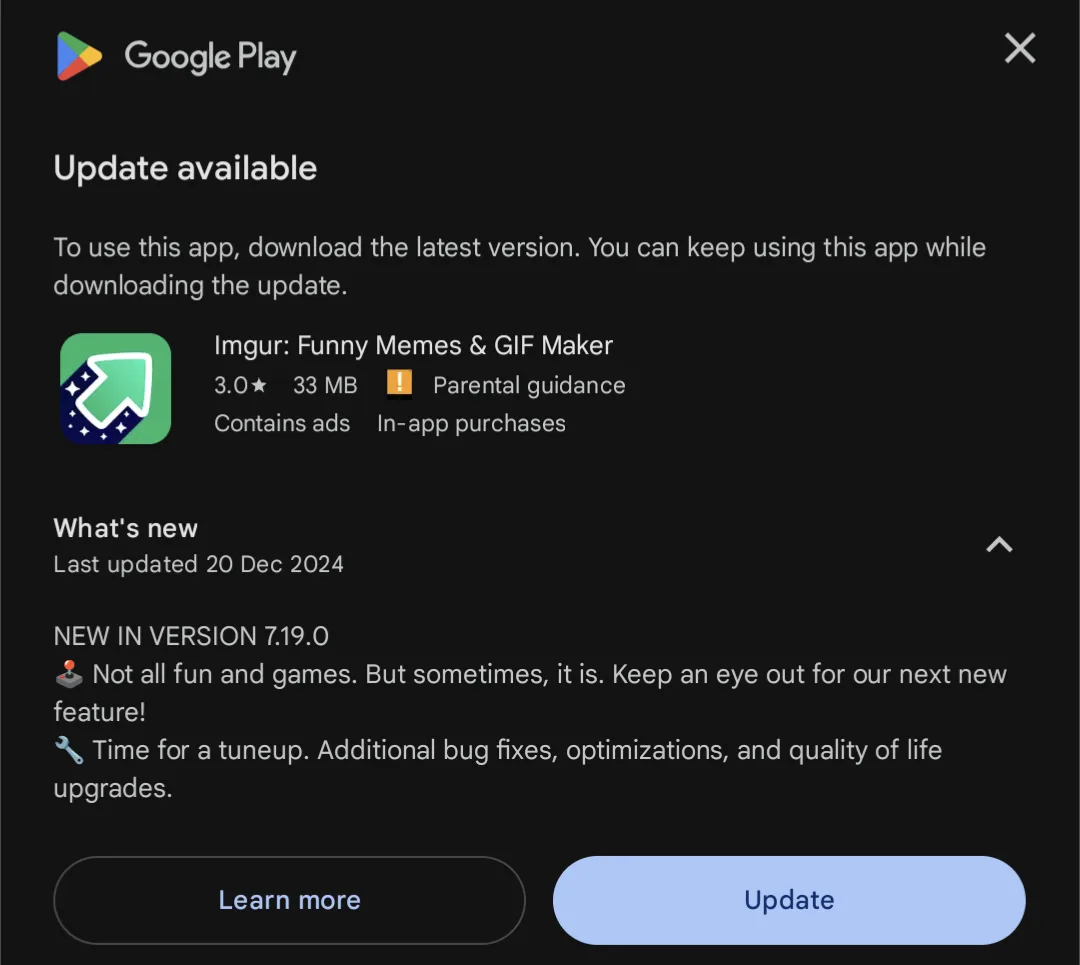 A Google Play Store update prompt for the Imgur app shows a 'What's new' section with the text 'Not all fun and games. But…