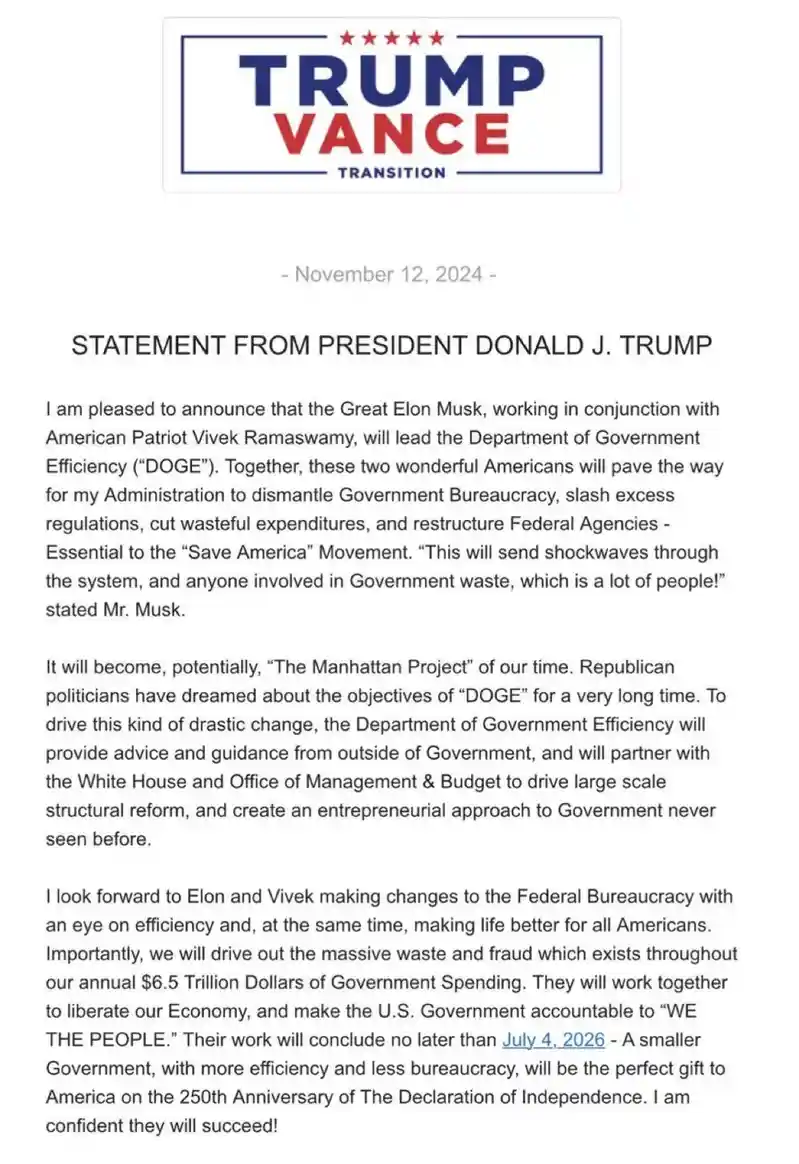 A fake official-looking document dated November 12, 2024, titled 'STATEMENT FROM PRESIDENT DONALD J. TRUMP' under a 'TRUMP…