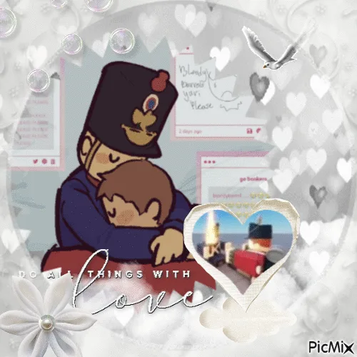 The image displays a romantic, digitally embellished collage featuring a cartoon-style illustration of a man in a dark…