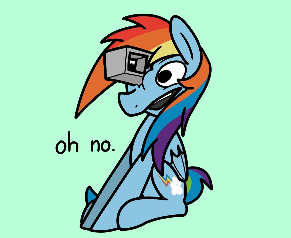 A cartoon pony with a rainbow mane and blue body sits with a panicked expression, wearing a gray VR headset over one eye…