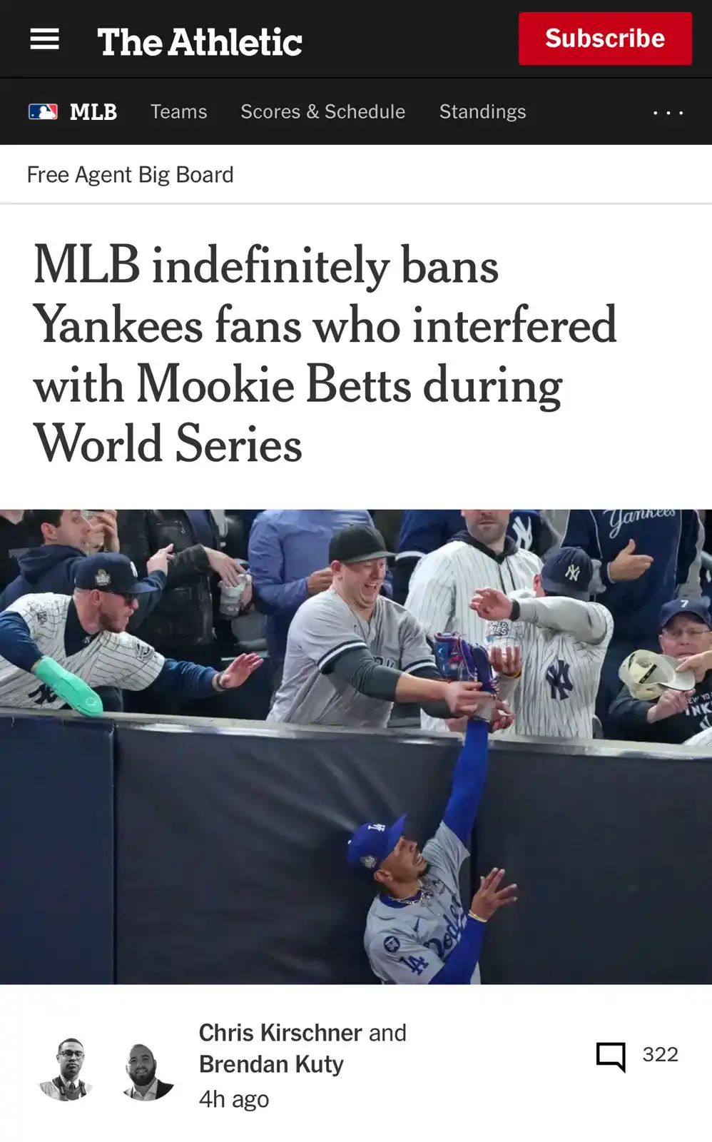 A screenshot of a The Athletic article headline about MLB banning Yankees fans for interfering with Dodgers player Mookie…