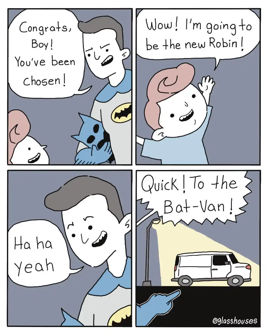 A four-panel comic strip shows Batman announcing to a young boy that he's been chosen as the new Robin. The boy excitedly…