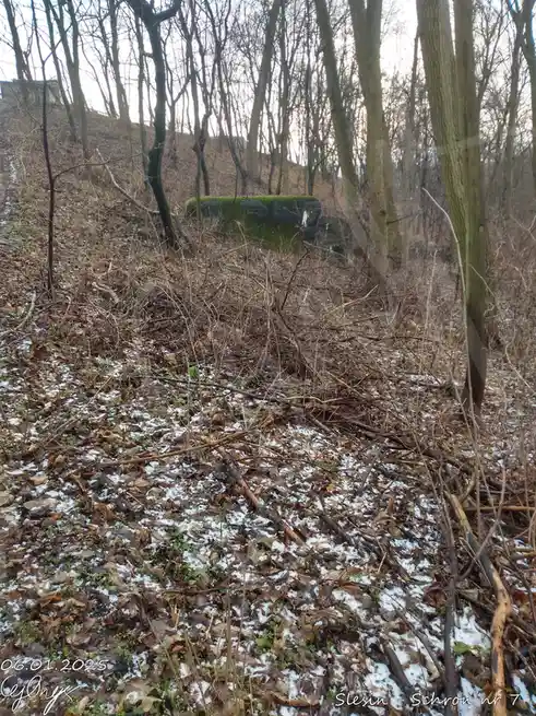 A photograph of a moss-covered concrete bunker partially hidden in a winter forest with bare trees and scattered snow on the…