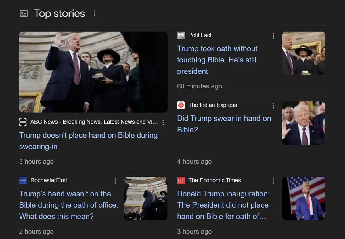 A screenshot of a news feed showing multiple headlines from outlets like ABC News, PolitiFact, and The Indian Express, all…