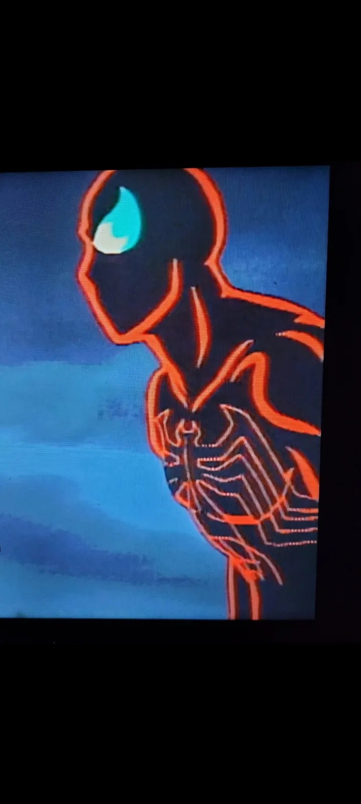 A still from an animated show shows a stylized, dark silhouette of a superhero with glowing orange outlines and a single…