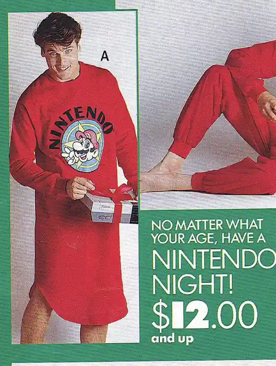 A vintage advertisement shows a man in a red, long-sleeved, dress-like pajama set with a Nintendo logo and Mario graphic. He…