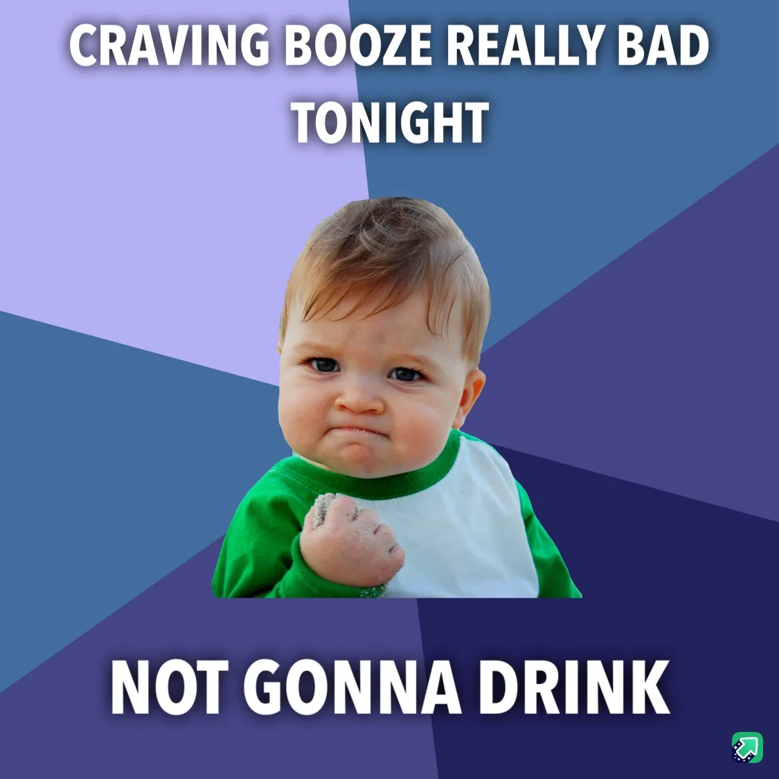 A baby with a determined, slightly pouting expression, wearing a green and white shirt, is shown against a geometric blue…