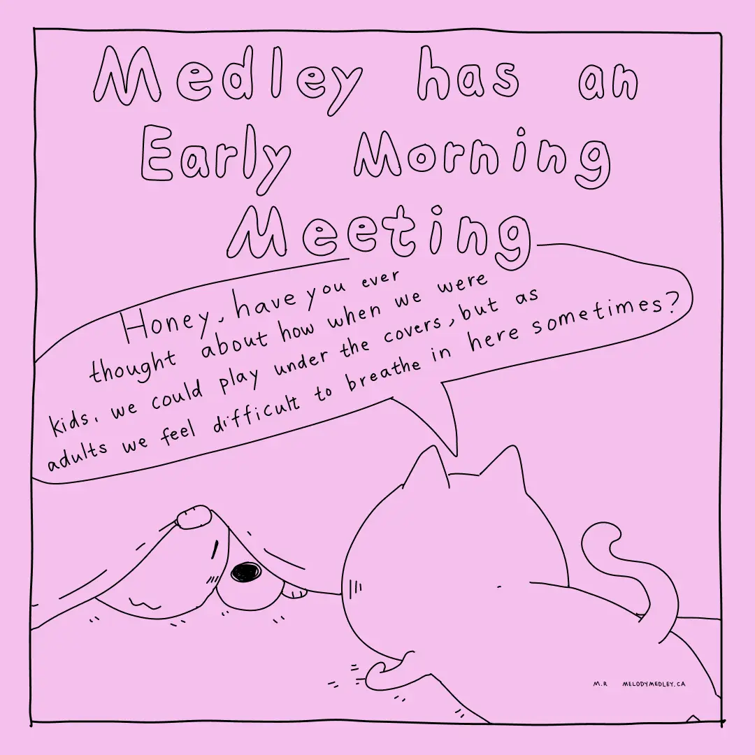 A pink cartoon drawing shows a dog and a cat peeking out from under a blanket. The dog speaks in a speech bubble, asking its…