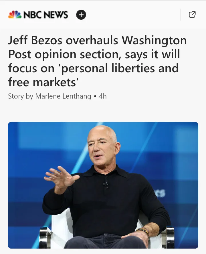 An NBC News article screenshot shows Jeff Bezos speaking while seated, with the headline stating he overhauled the…