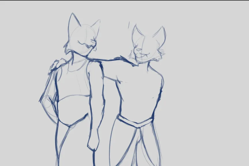 A rough blue pencil sketch shows two anthropomorphic fox characters standing side by side, both with closed eyes and serene…
