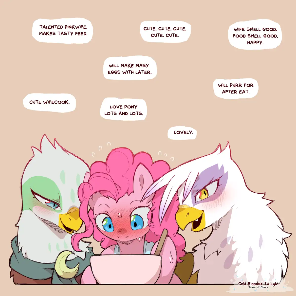 A pink pony with blue eyes sits between two large white birds with yellow beaks, all gathered around a bowl. The birds have…