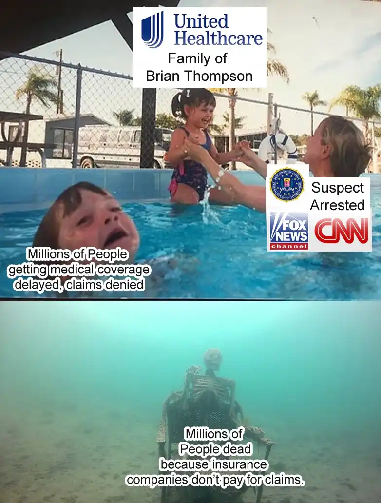 The top panel shows a smiling child in a pool with a woman, overlaid with a UnitedHealthcare logo and 'Family of Brian…