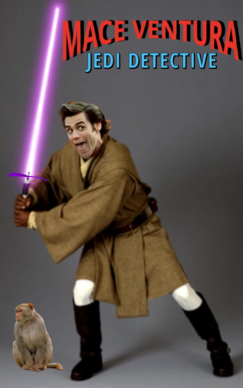 A man in a brown Jedi robe holds a purple lightsaber in a fighting stance, with the text 'MACE VENTURA JEDI DETECTIVE'…