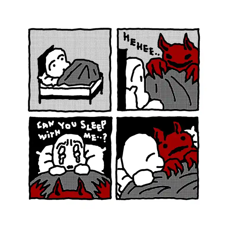 A four-panel comic strip shows a person sleeping in bed, then a red devil appears and laughs. The devil asks the person if…