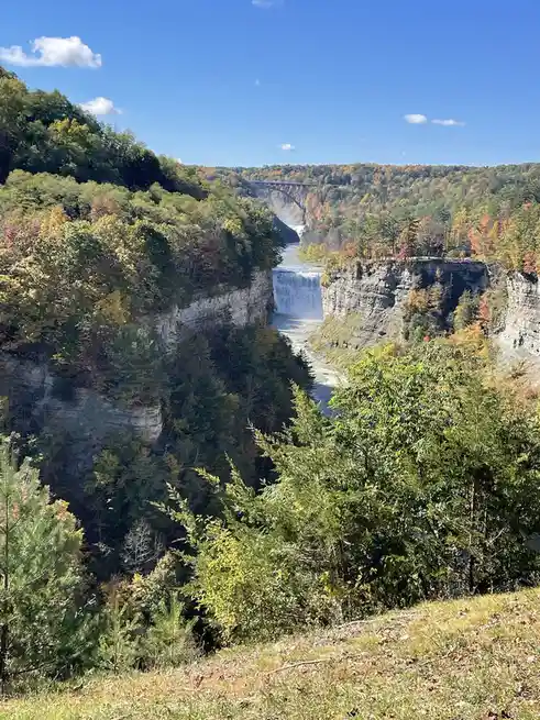 A scenic view of a wide river cascading over a cliff into a gorge, surrounded by autumn-colored trees under a blue sky with…