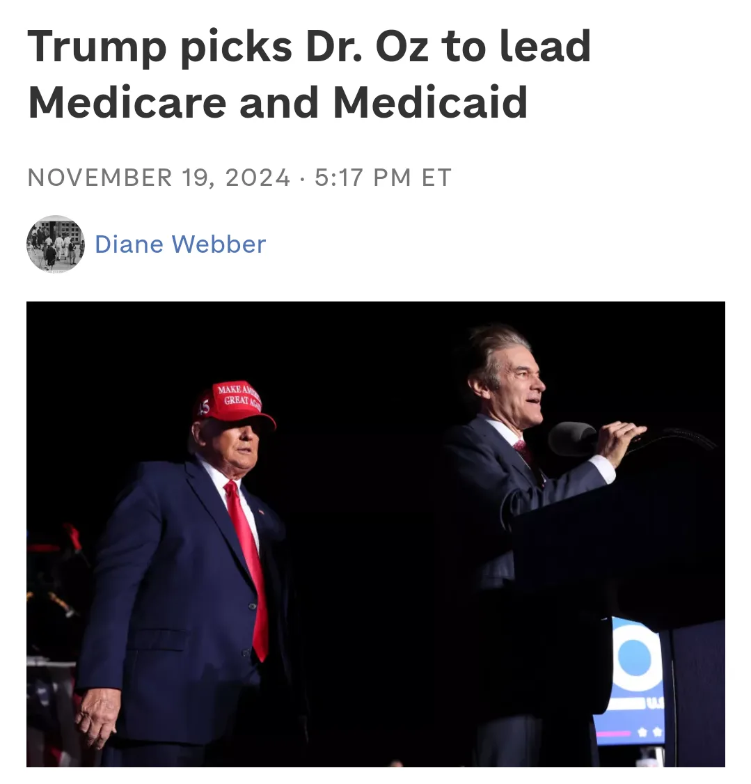 A screenshot of a news article header showing Donald Trump wearing a red 'Make America Great Again' cap standing beside Dr…