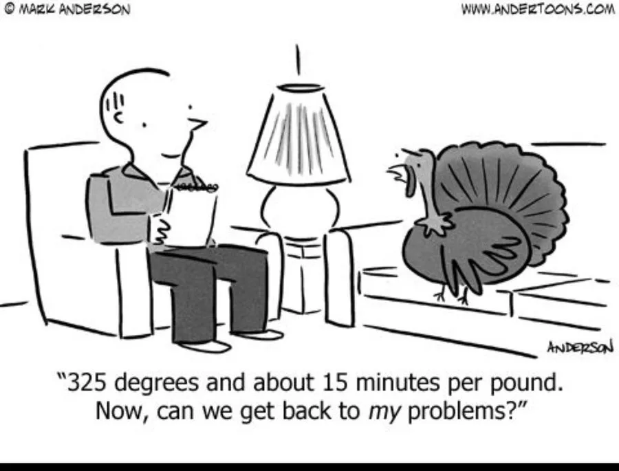 A black-and-white cartoon depicts a man sitting in an armchair, holding a popcorn bucket, while a turkey stands on a rug…