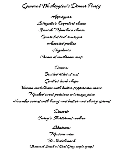 A black-and-white image displays a formal dinner menu titled 'General Washington's Dinner Party,' listing appetizers…
