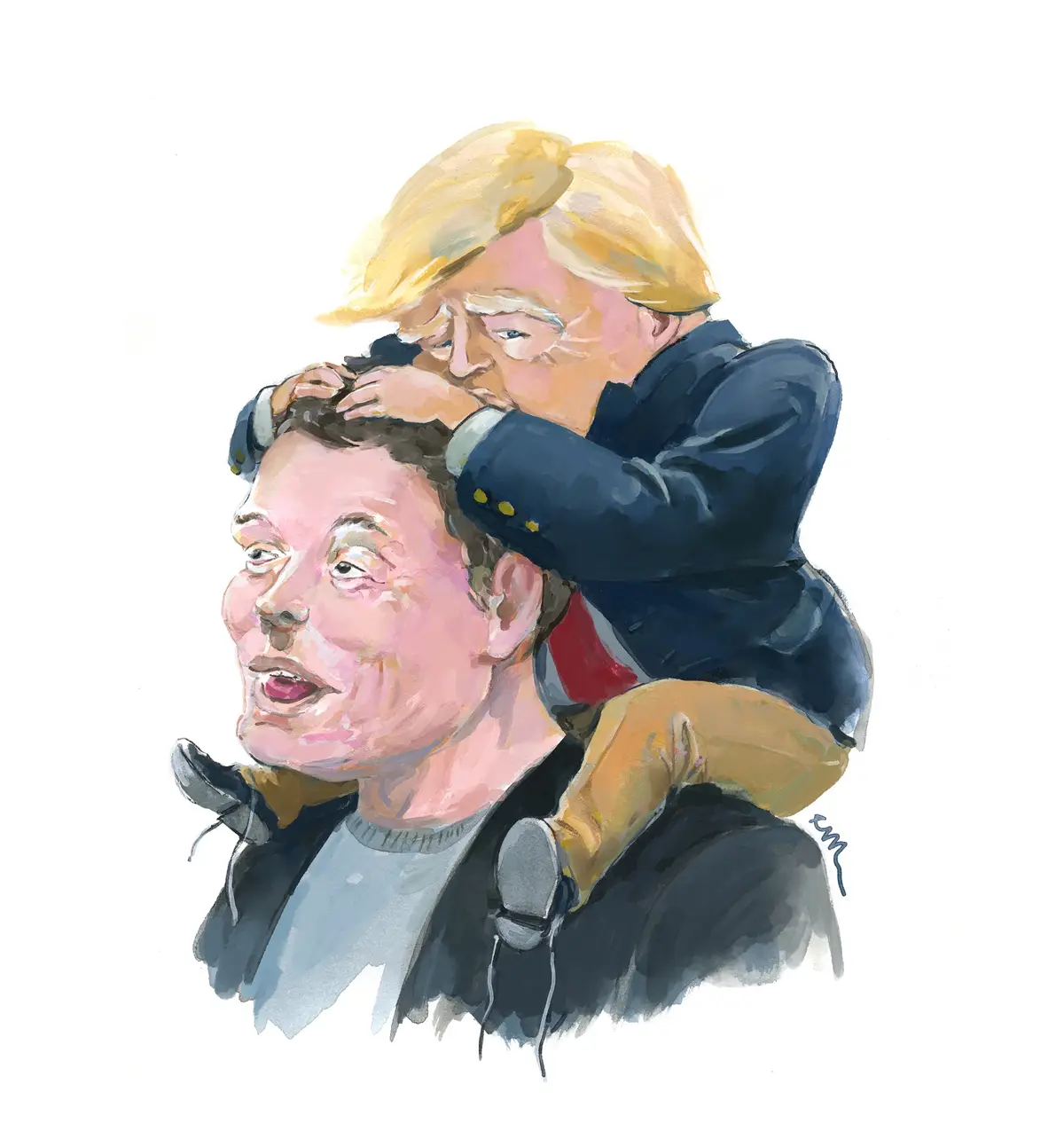 A watercolor illustration shows a caricature of Donald Trump as a small child riding piggyback on a caricature of Elon Musk…