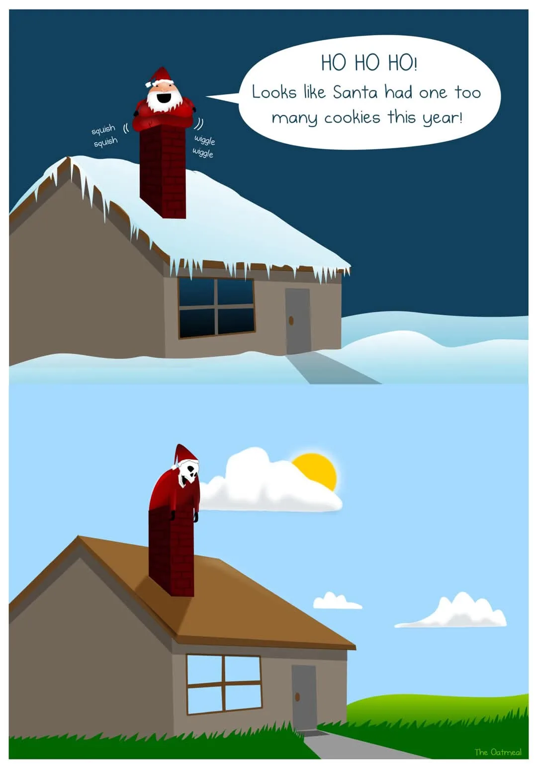 The image is split into two panels. The top panel shows Santa Claus emerging from a chimney on a snowy house at night, with…