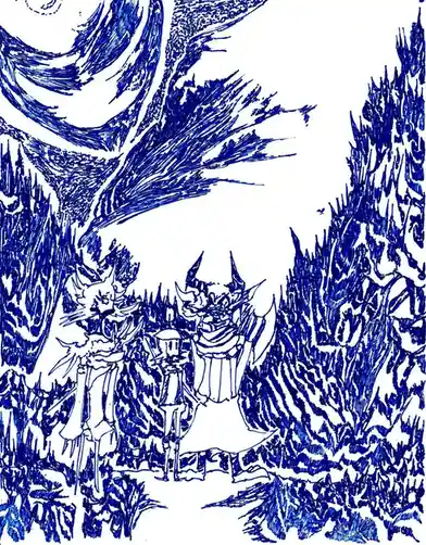 A blue ink sketch depicts two demonic figures standing in a forest clearing, one holding a lantern. The text overlaid on the…