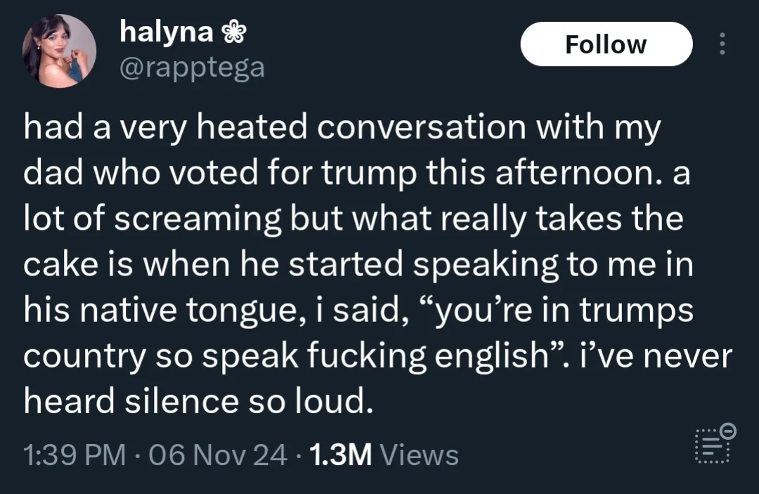A screenshot of a tweet by user halyna (@rapptega) describing a heated argument with her father, who voted for Trump. The…