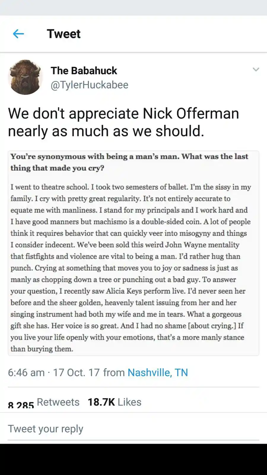 A screenshot of a tweet from 'The Babahuck' (@TylerHuckabee) showing a quote from Nick Offerman where he discusses crying at…