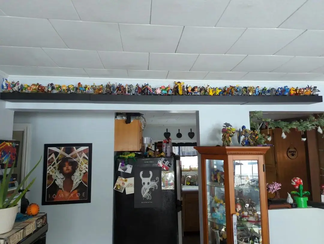A photo of a home interior showing a long shelf mounted on the wall above a doorway, densely packed with hundreds of…