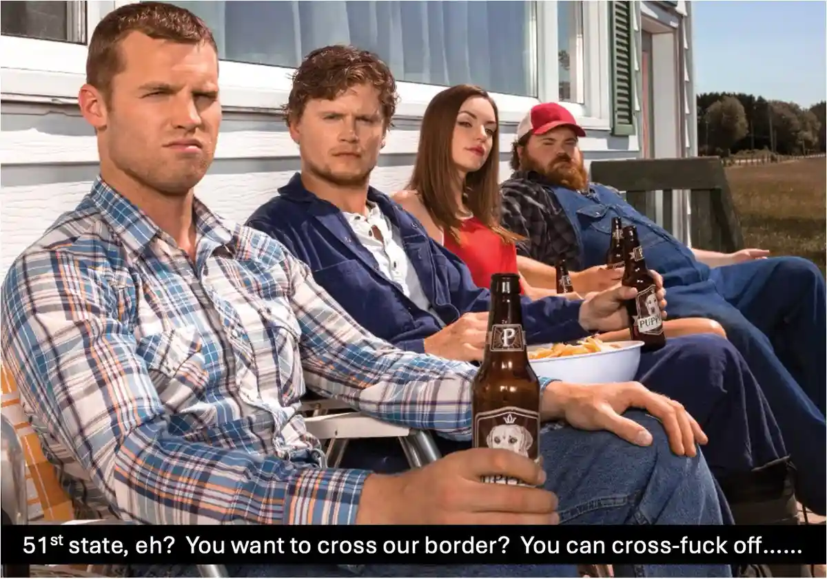Four people sit on a porch holding beer bottles, looking annoyed. The text at the bottom reads '51st state, eh? You want to…