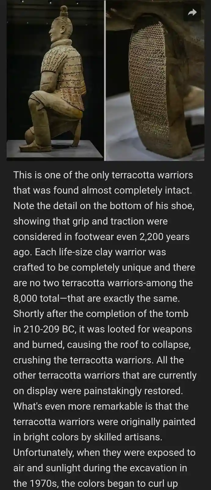 The image displays two photos of a terracotta warrior from China's Qin Dynasty. The left photo shows the full figure of the…
