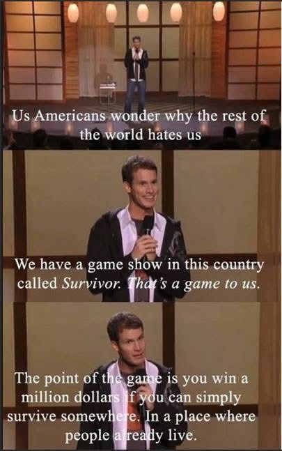 A three-panel meme featuring comedian Anthony Jeselnik on stage. The top panel shows him with text: 'Us Americans wonder why…