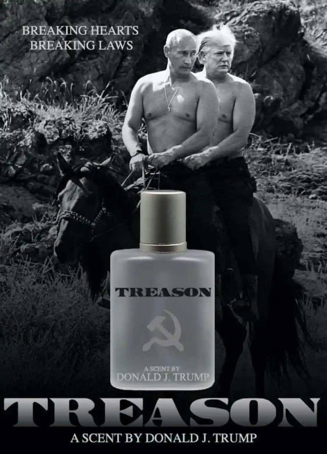 A black-and-white image shows two shirtless men, Vladimir Putin and Donald Trump, riding a horse together. In the foreground…