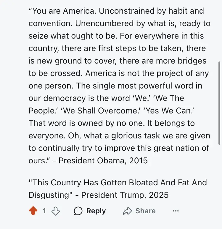 A screenshot of a social media comment thread showing a long, inspirational quote attributed to President Obama from 2015…