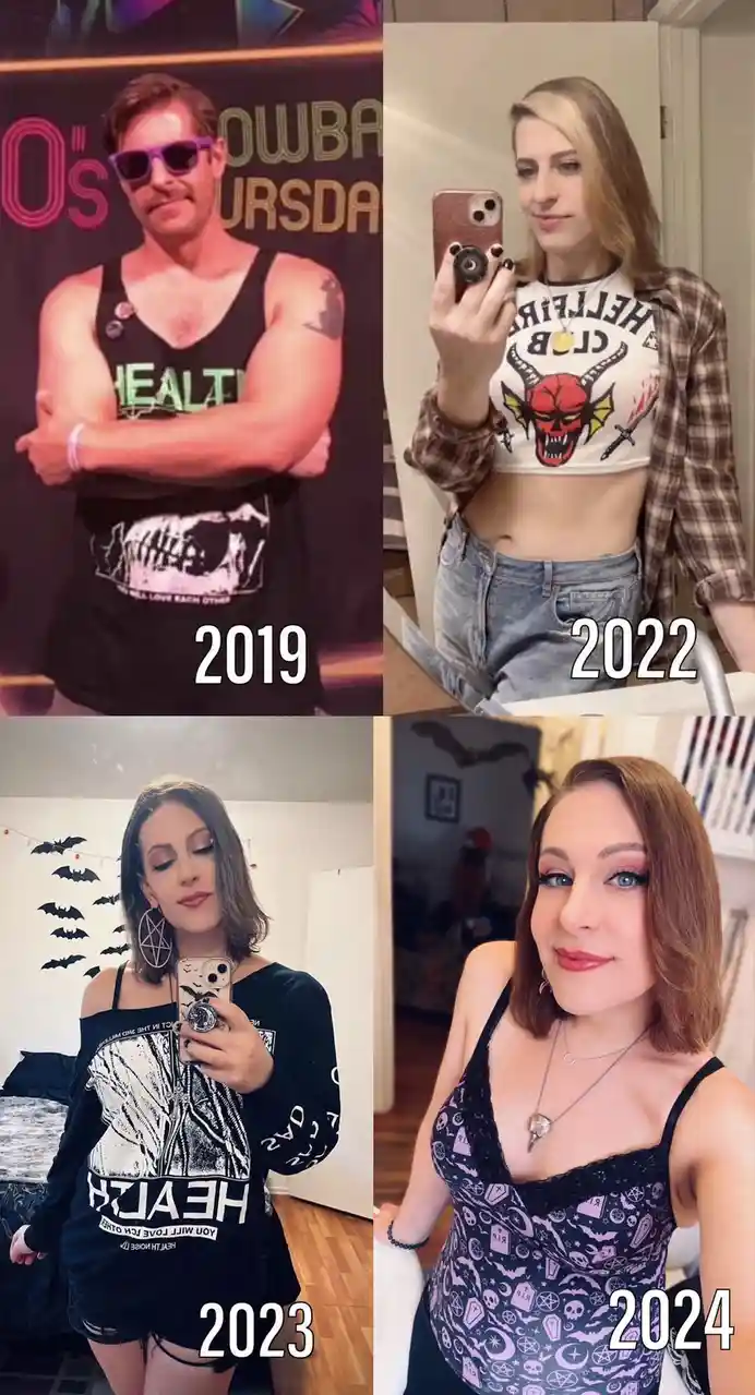A four-panel grid shows a man in 2019 wearing a 'HEALTH' tank top with a skull graphic, then a woman in 2022 in a 'HELLFIRE…