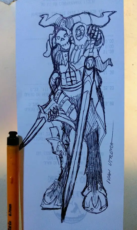 A hand-drawn black ink sketch on light blue paper depicts a heavily armored, skeletal warrior with a skull for a head…