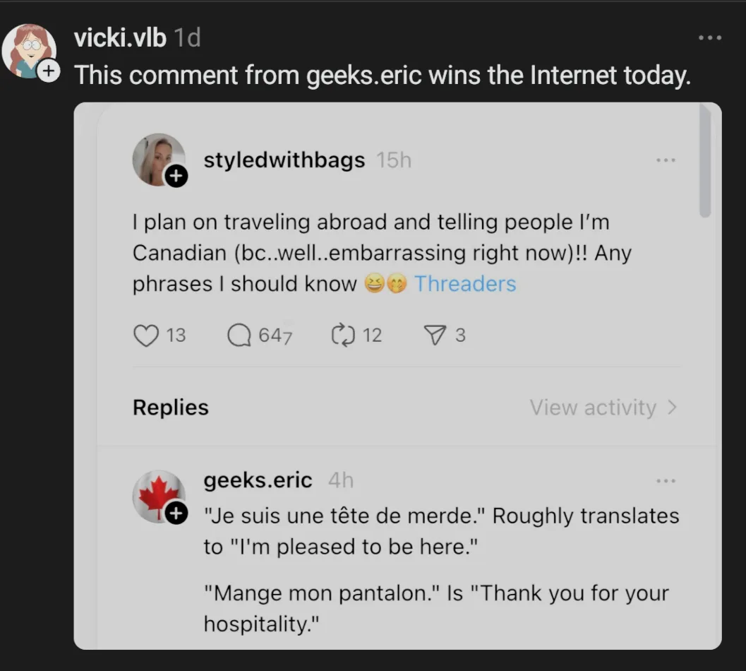 A screenshot of a social media thread shows a user asking for Canadian phrases to say while traveling abroad, and a reply…