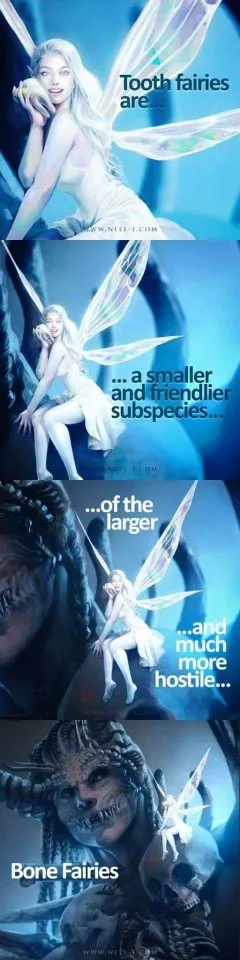 A vertical comic strip shows a small, cute fairy holding a tooth, then a smaller fairy, then a tiny fairy, and finally a…
