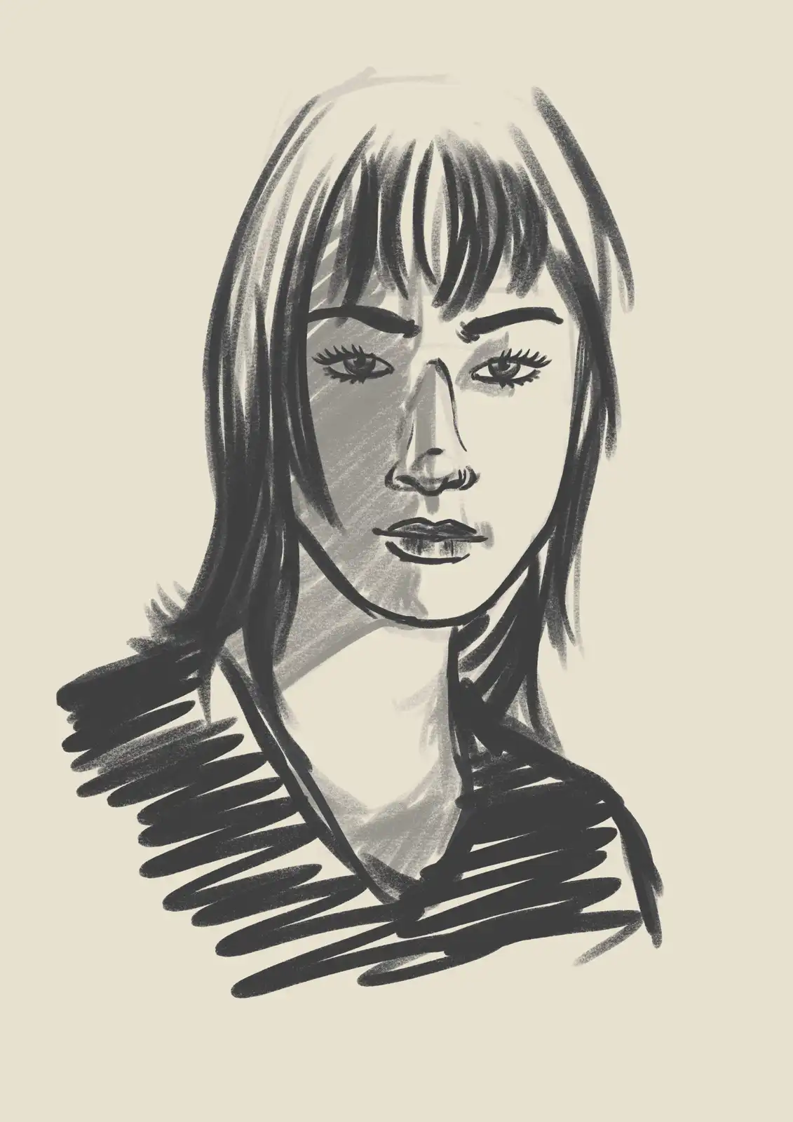 A grayscale sketch of a woman's face and upper torso, rendered with expressive charcoal-like strokes. Her face is detailed…